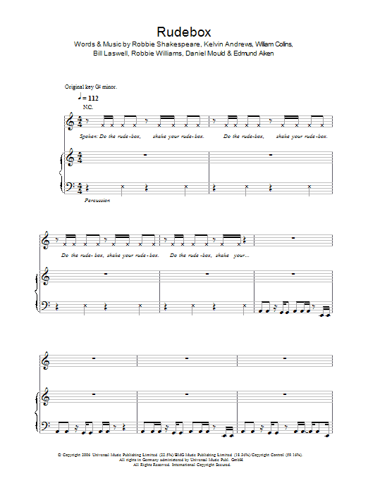 Download Robbie Williams Rudebox Sheet Music and learn how to play Piano, Vocal & Guitar PDF digital score in minutes