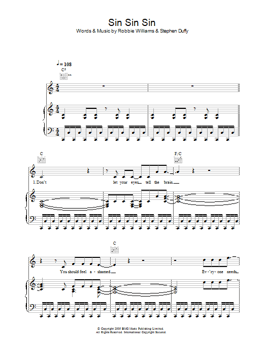 Download Robbie Williams Sin Sin Sin Sheet Music and learn how to play Piano, Vocal & Guitar (Right-Hand Melody) PDF digital score in minutes