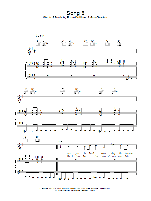 Download Robbie Williams Song 3 Sheet Music and learn how to play Lyrics Only PDF digital score in minutes