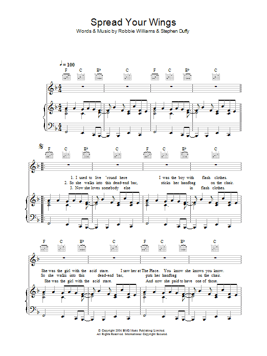 Download Robbie Williams Spread Your Wings Sheet Music and learn how to play Piano, Vocal & Guitar (Right-Hand Melody) PDF digital score in minutes