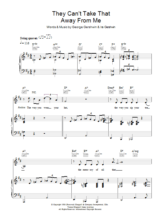 Download Robbie Williams They Can't Take That Away From Me Sheet Music and learn how to play Piano, Vocal & Guitar PDF digital score in minutes
