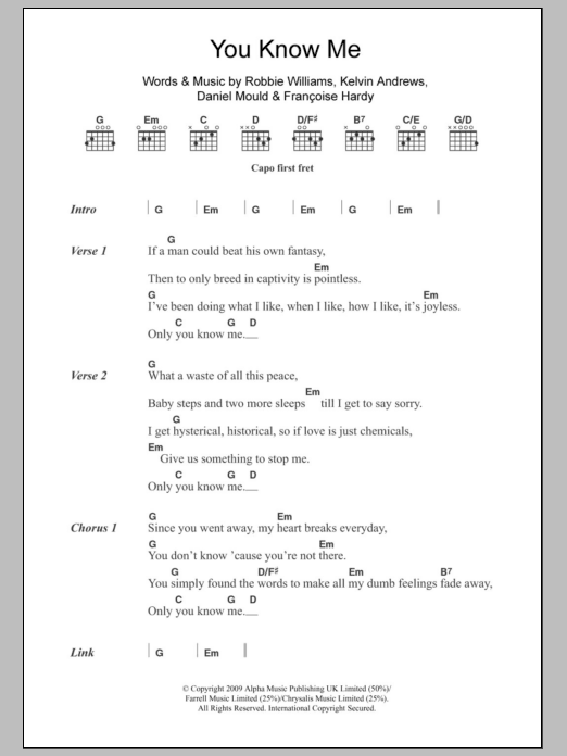 Download Robbie Williams You Know Me Sheet Music and learn how to play Lyrics & Chords PDF digital score in minutes