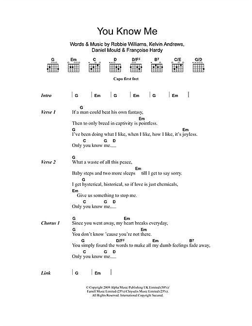 Download Robbie Williams You Know Me Sheet Music and learn how to play Lyrics & Chords PDF digital score in minutes