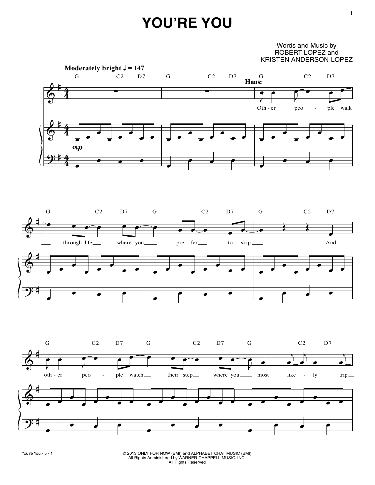 Download Robert Lopez You're You Sheet Music and learn how to play Piano & Vocal PDF digital score in minutes