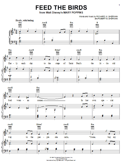 Download Sherman Brothers Feed The Birds Sheet Music and learn how to play Piano & Vocal PDF digital score in minutes