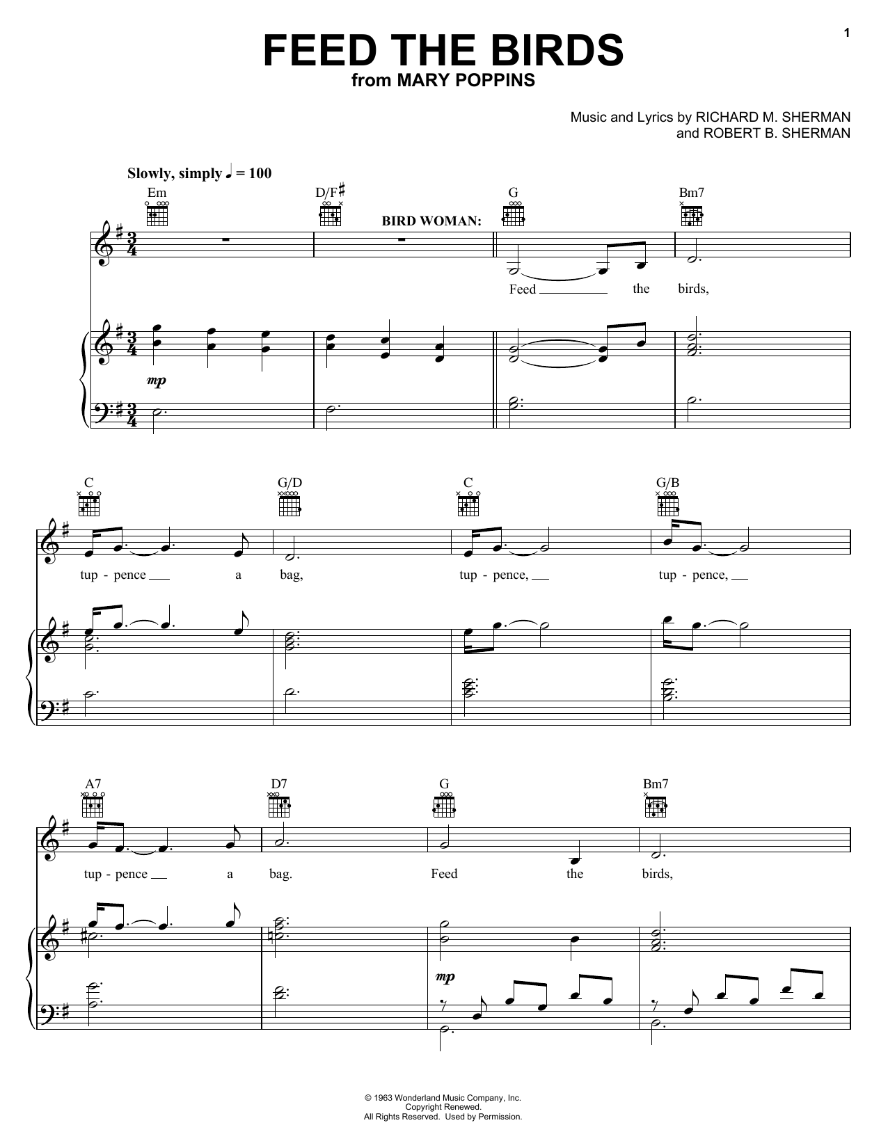 Download Sherman Brothers Feed The Birds Sheet Music and learn how to play Piano, Vocal & Guitar (Right-Hand Melody) PDF digital score in minutes
