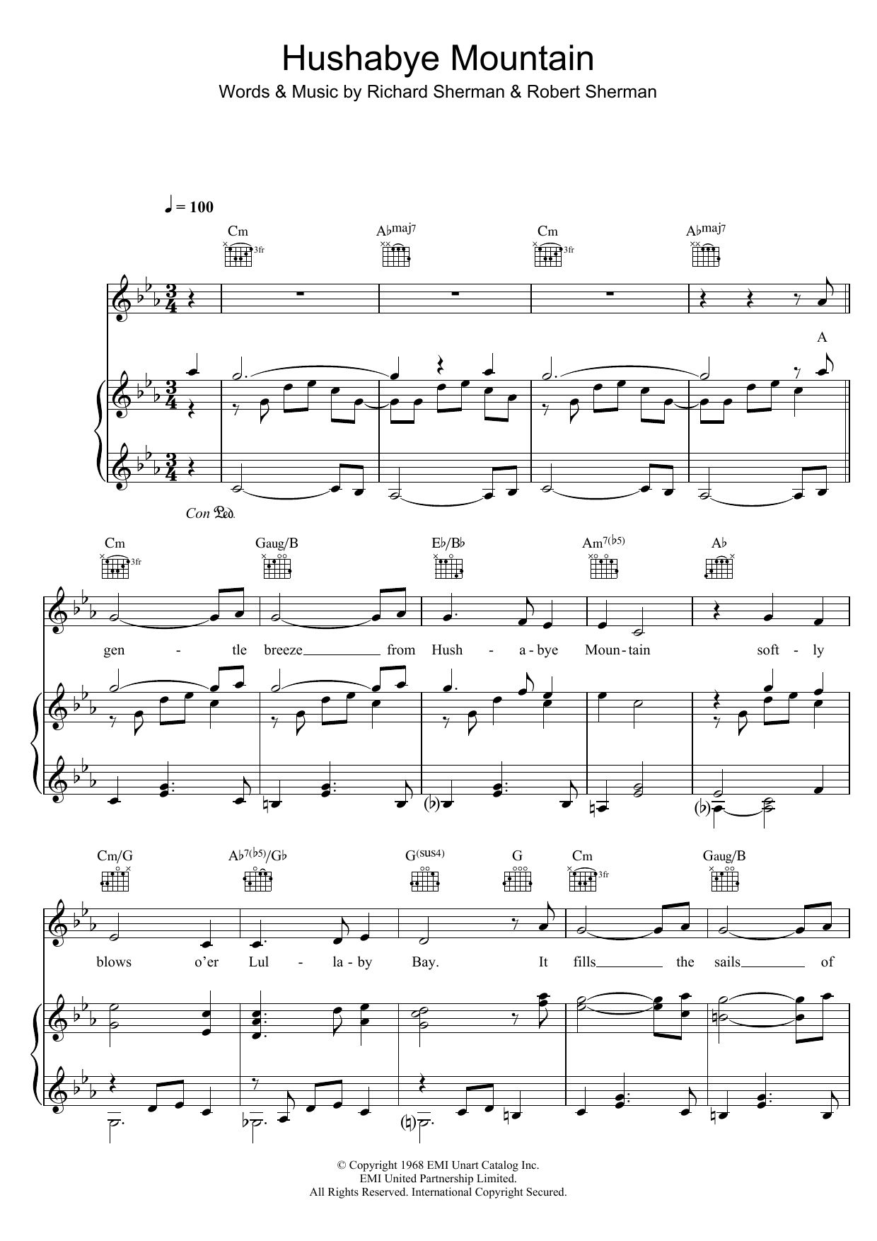 Download Sherman Brothers Hushabye Mountain Sheet Music and learn how to play Piano, Vocal & Guitar (Right-Hand Melody) PDF digital score in minutes