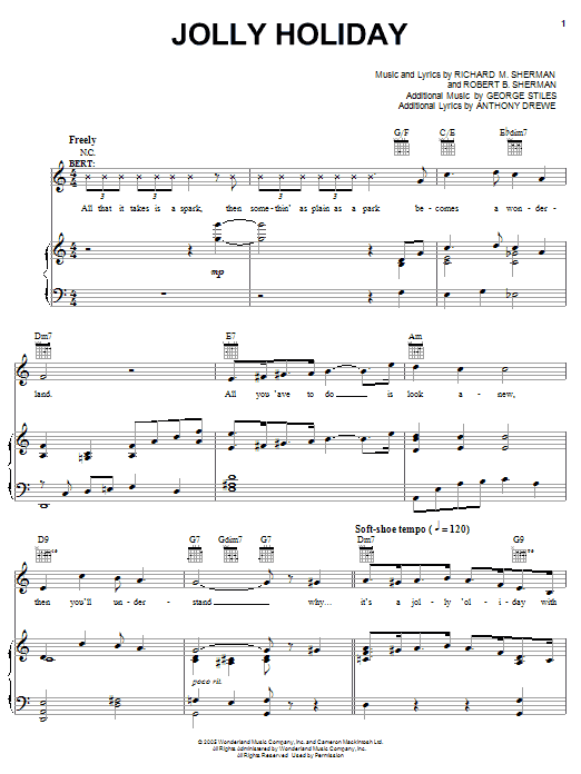 Download Sherman Brothers Jolly Holiday Sheet Music and learn how to play Piano, Vocal & Guitar (Right-Hand Melody) PDF digital score in minutes