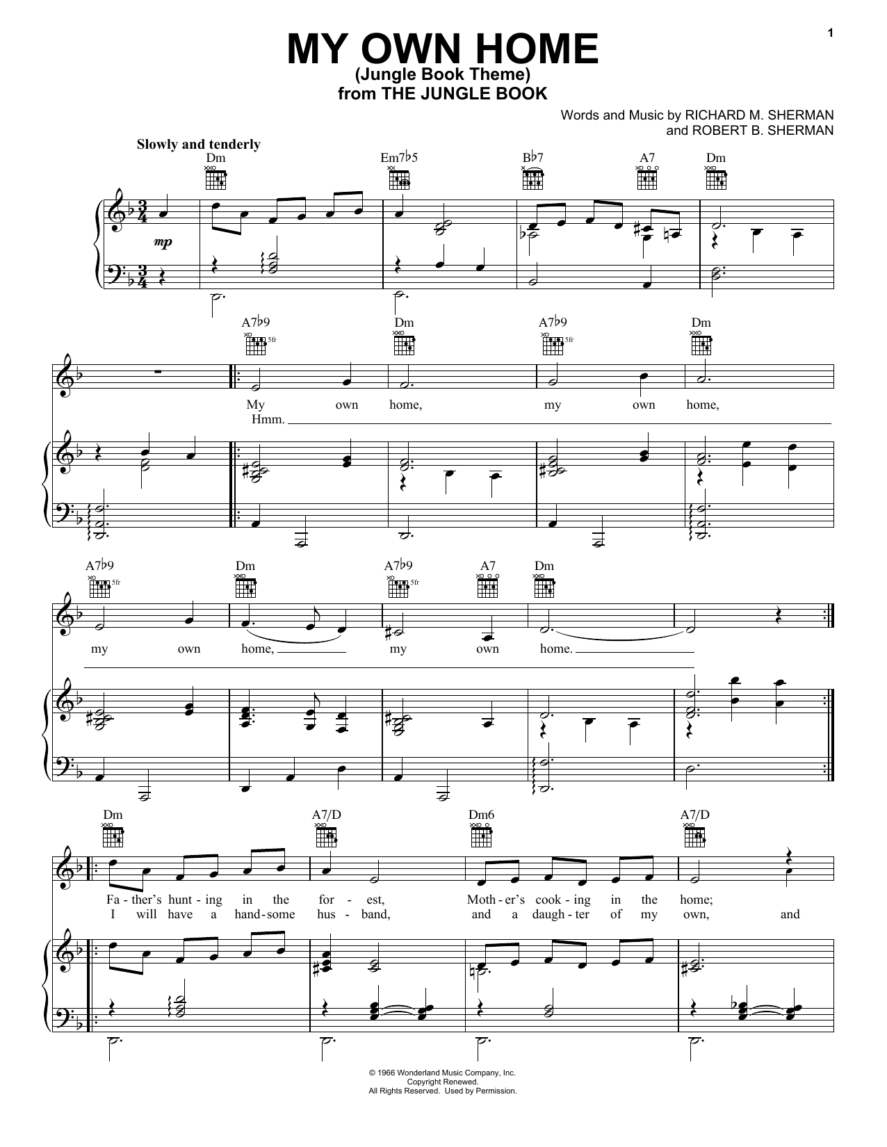 Download Sherman Brothers My Own Home (Jungle Book Theme) Sheet Music and learn how to play Piano, Vocal & Guitar Chords (Right-Hand Melody) PDF digital score in minutes
