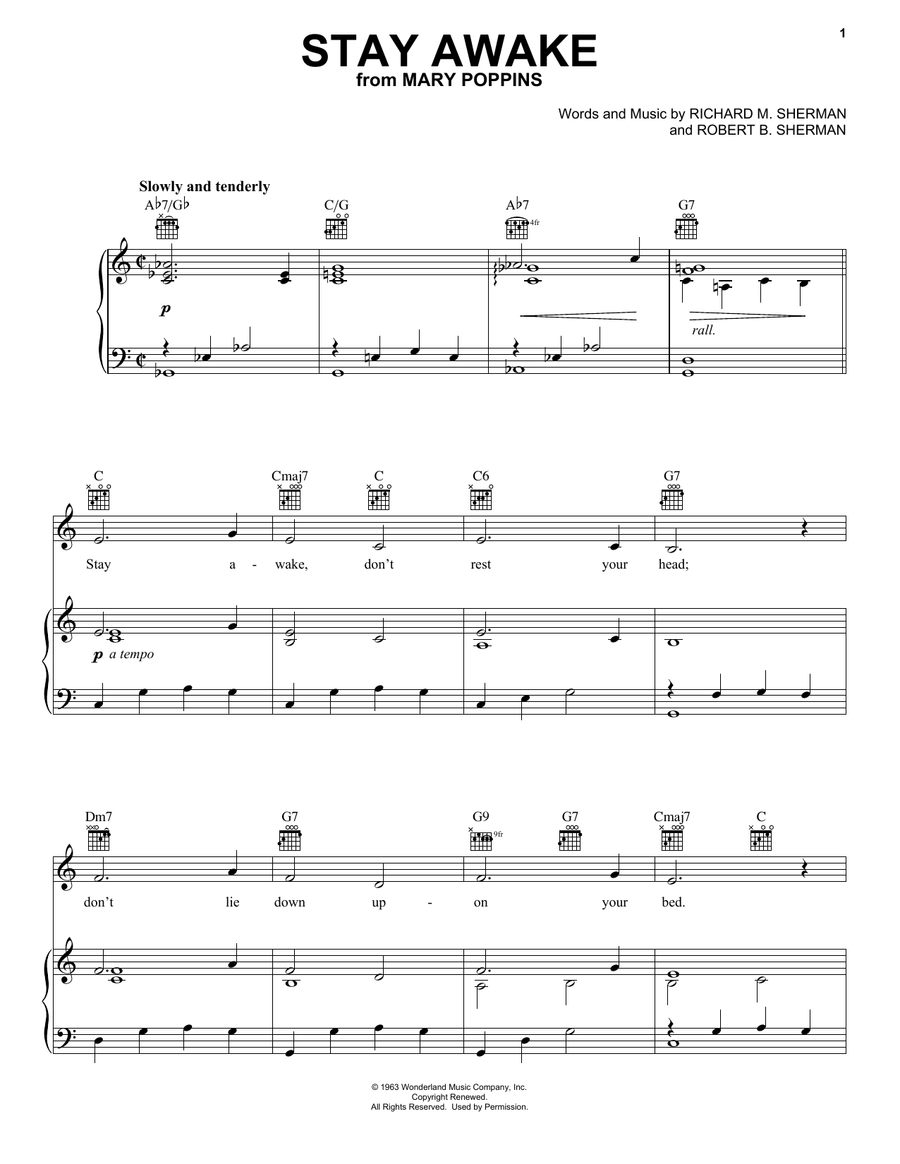 Download Sherman Brothers Stay Awake (from Mary Poppins) Sheet Music and learn how to play Piano, Vocal & Guitar Chords (Right-Hand Melody) PDF digital score in minutes