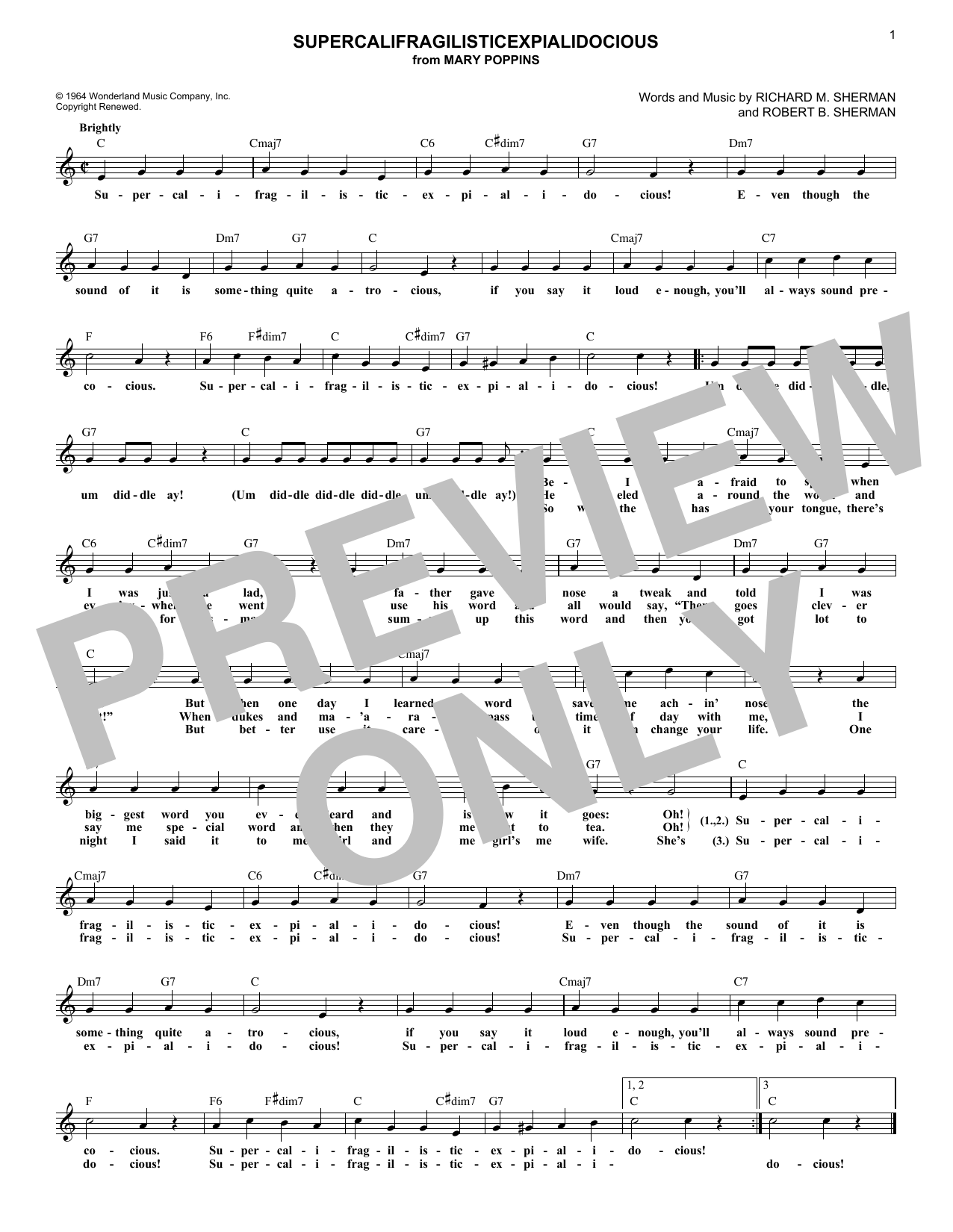 Download Sherman Brothers Supercalifragilisticexpialidocious (from Mary Poppins) Sheet Music and learn how to play Lead Sheet / Fake Book PDF digital score in minutes