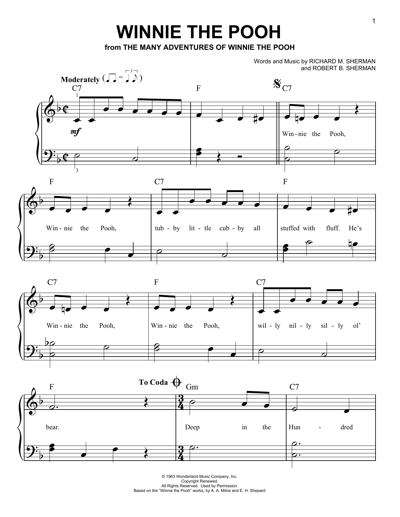 Download Sherman Brothers Winnie The Pooh Sheet Music and learn how to play Piano, Vocal & Guitar (Right-Hand Melody) PDF digital score in minutes
