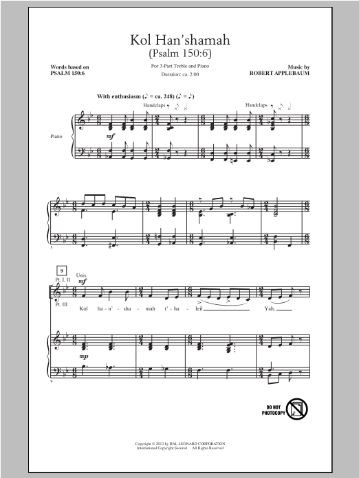 Download Robert Applebaum Kol Han'shamah Sheet Music and learn how to play 3-Part Treble PDF digital score in minutes