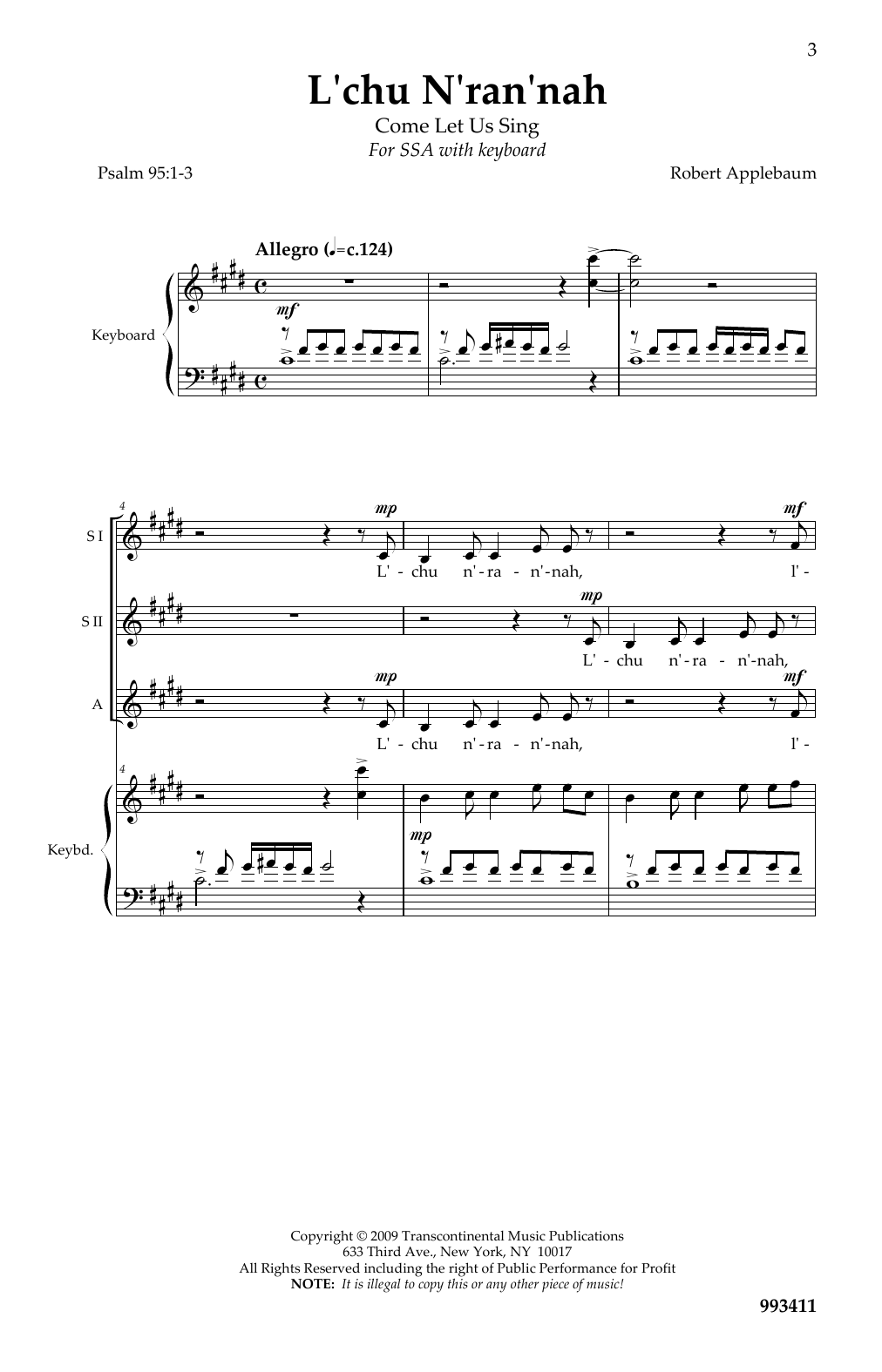 Download Robert Applebaum L'Chu N'Ran'Nah (Psalm 95: 1-3) Sheet Music and learn how to play SSA Choir PDF digital score in minutes