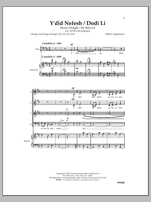 Download Robert Applebaum Y'did Nefesh/Dodi Li Sheet Music and learn how to play SATB Choir PDF digital score in minutes
