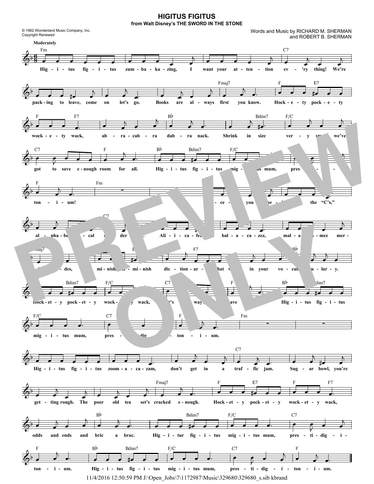 Download Robert B. Sherman Higitus Figitus Sheet Music and learn how to play Melody Line, Lyrics & Chords PDF digital score in minutes