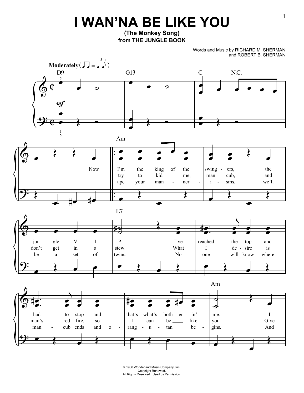 Download Robert B. Sherman I Wan'na Be Like You (The Monkey Song) Sheet Music and learn how to play Easy Piano PDF digital score in minutes