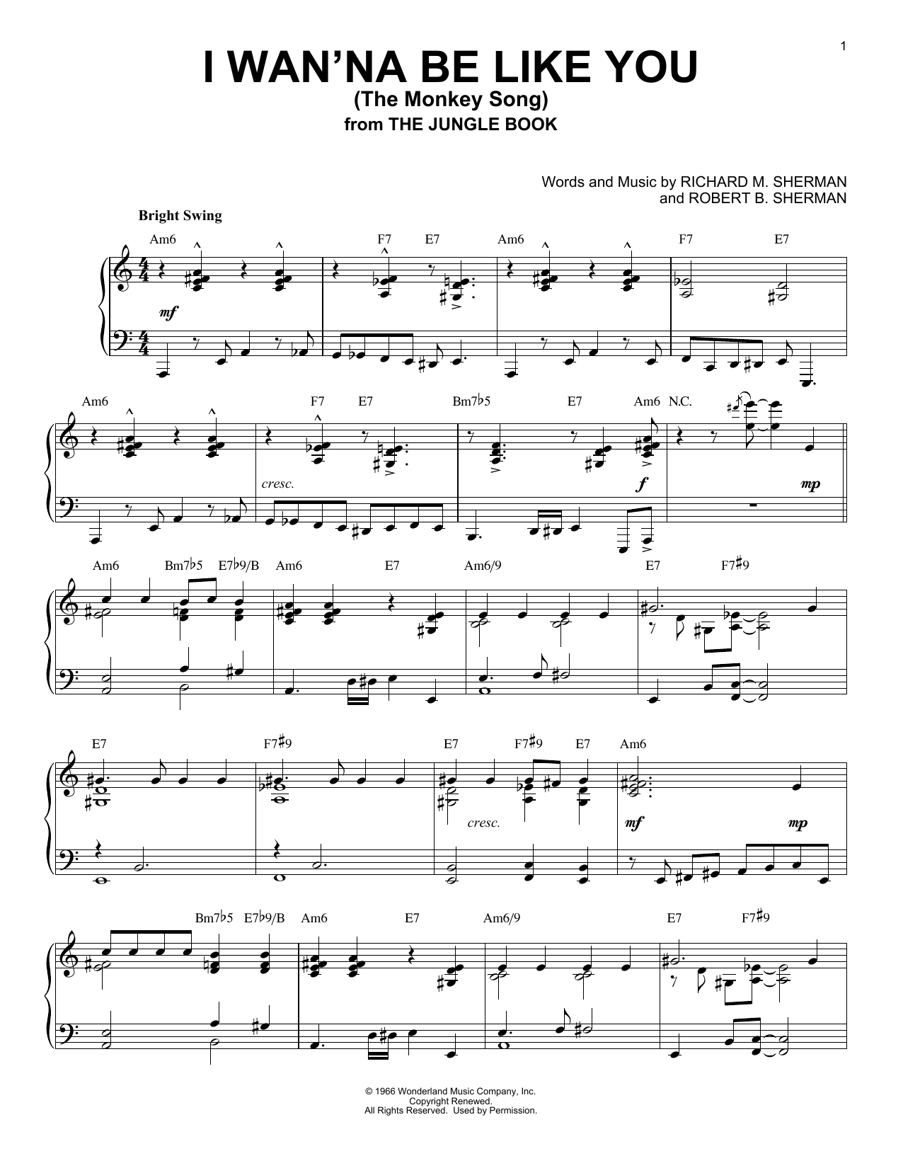 Download Robert B. Sherman I Wan'na Be Like You (The Monkey Song) Sheet Music and learn how to play Piano PDF digital score in minutes