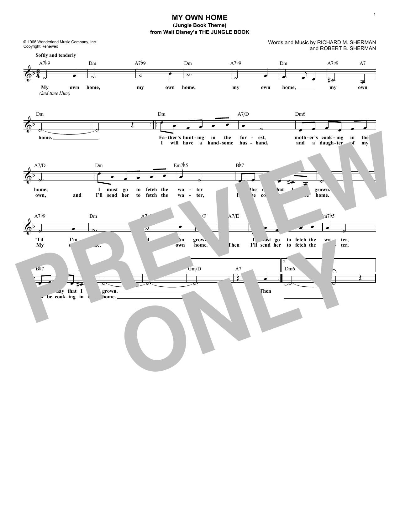 Download Robert B. Sherman My Own Home (Jungle Book Theme) Sheet Music and learn how to play Melody Line, Lyrics & Chords PDF digital score in minutes