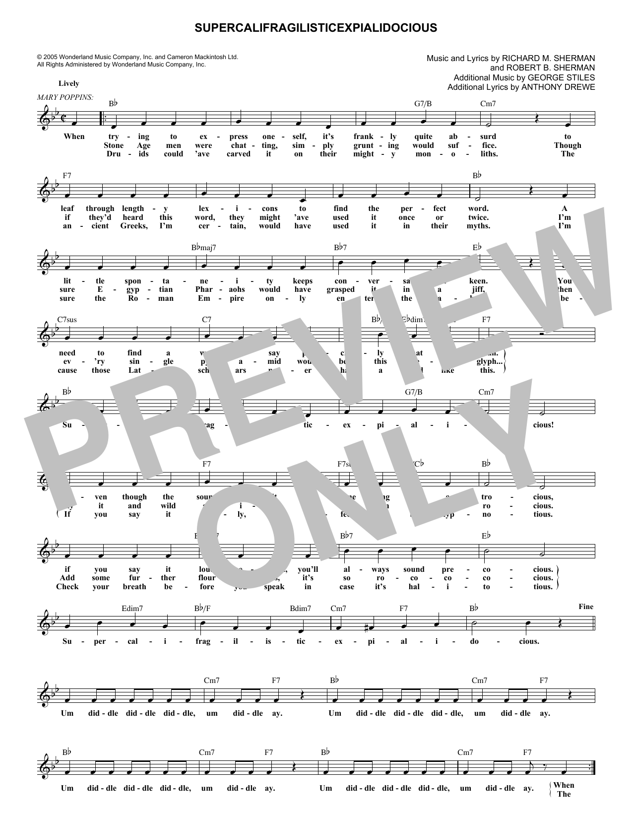 Download Robert B. Sherman Supercalifragilisticexpialidocious Sheet Music and learn how to play Melody Line, Lyrics & Chords PDF digital score in minutes