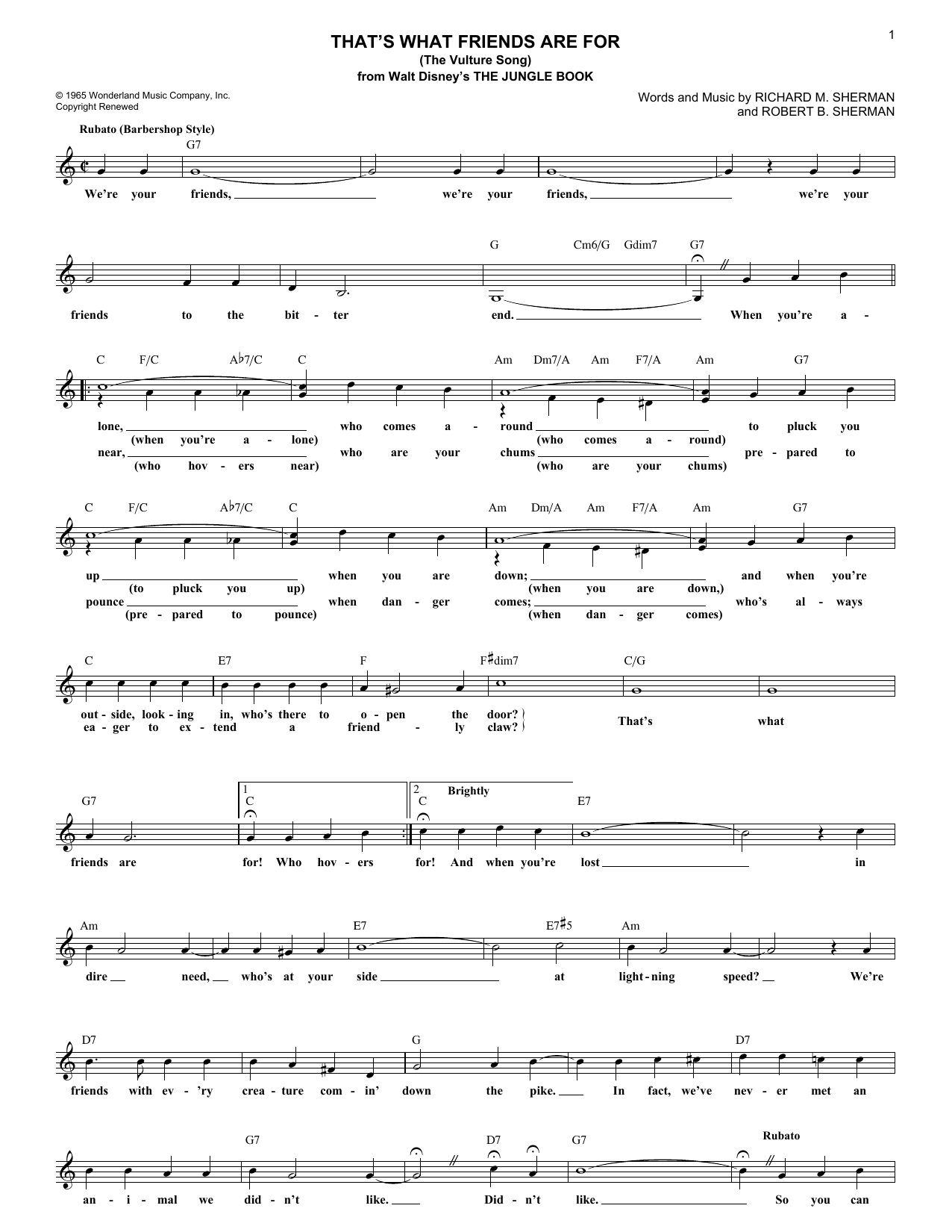 Download Robert B. Sherman That's What Friends Are For (The Vulture Song) Sheet Music and learn how to play Melody Line, Lyrics & Chords PDF digital score in minutes