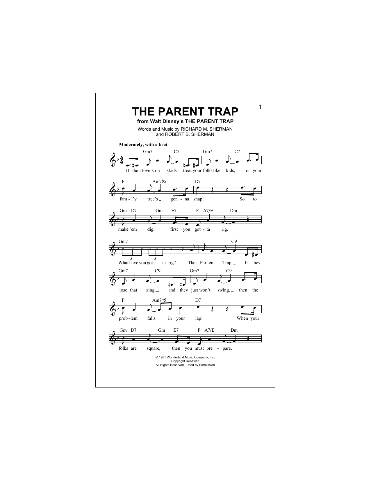 Download Robert B. Sherman The Parent Trap Sheet Music and learn how to play Melody Line, Lyrics & Chords PDF digital score in minutes