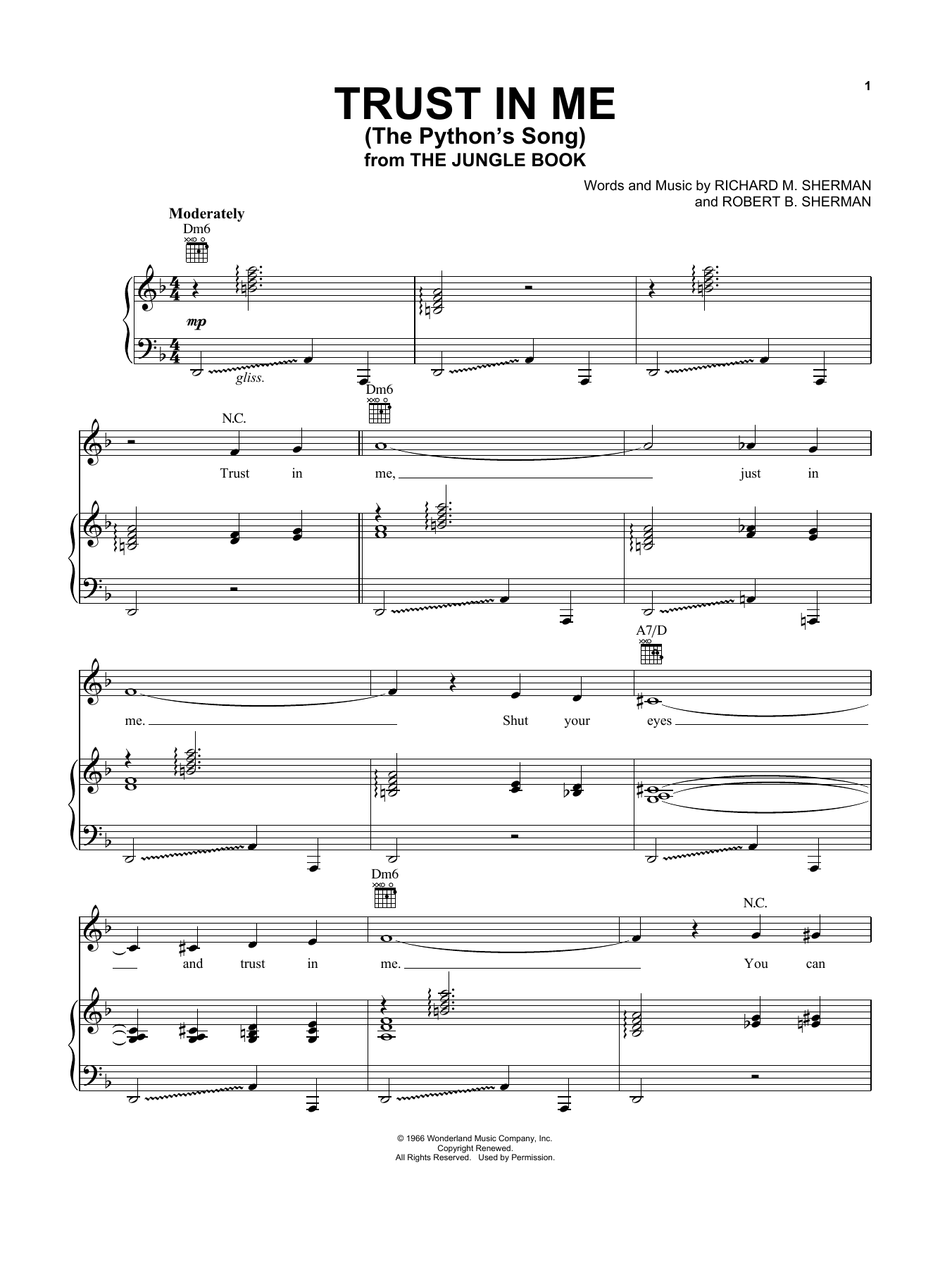 Download Robert B. Sherman Trust In Me (The Python's Song) Sheet Music and learn how to play Piano, Vocal & Guitar (Right-Hand Melody) PDF digital score in minutes