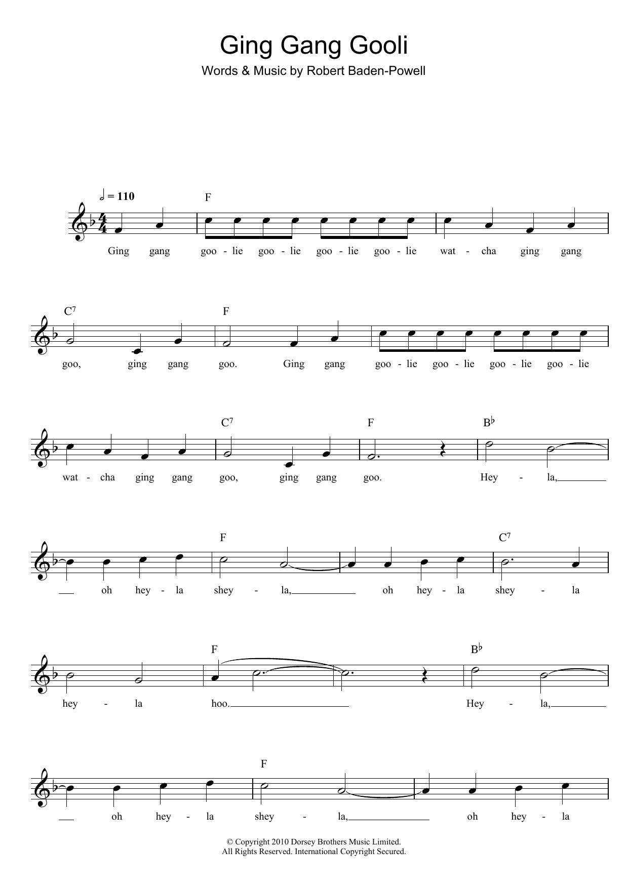 Download Robert Baden-Powell Ging Gang Gooli Sheet Music and learn how to play Melody Line, Lyrics & Chords PDF digital score in minutes