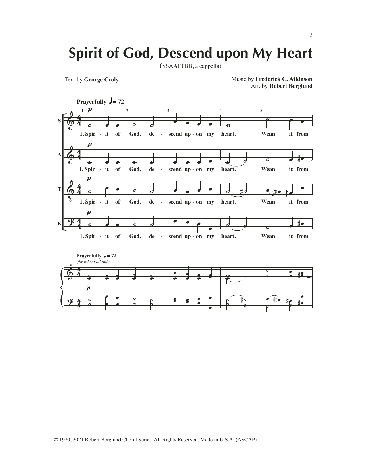 Download Robert Berglund Spirit of God (Descend Upon My Heart) Sheet Music and learn how to play SATB Choir PDF digital score in minutes