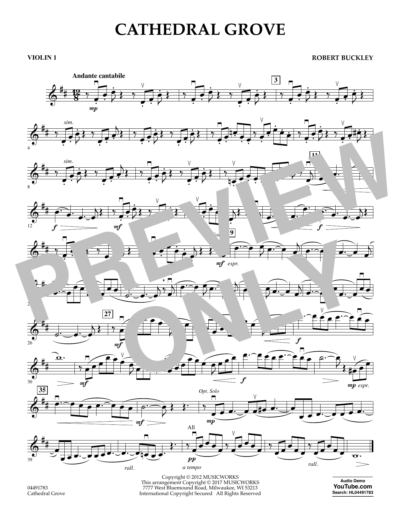 Download Robert Buckley Cathedral Grove - Violin 1 Sheet Music and learn how to play Orchestra PDF digital score in minutes