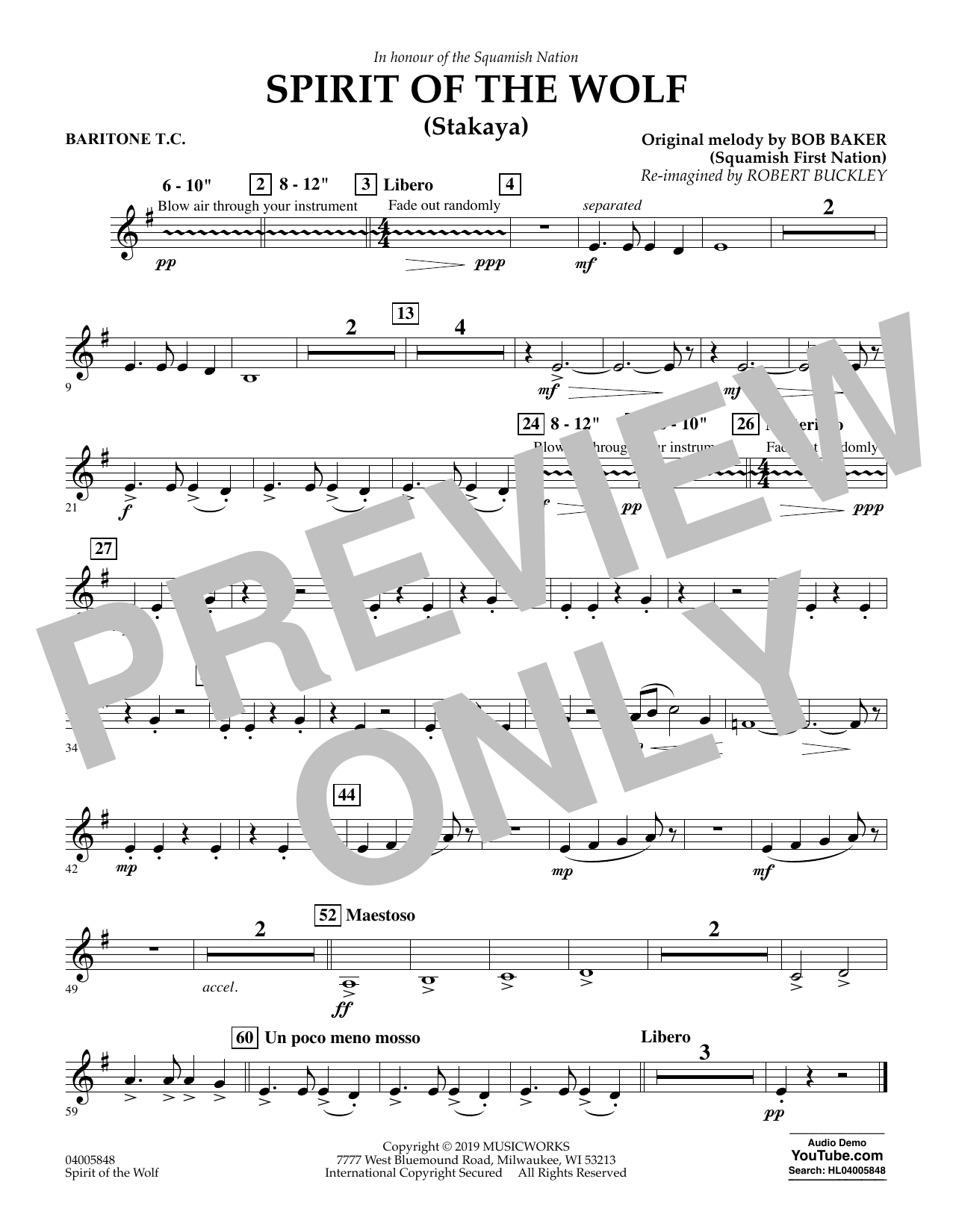 Download Robert Buckley Spirit of the Wolf (Stakaya) - Baritone T.C. Sheet Music and learn how to play Concert Band PDF digital score in minutes