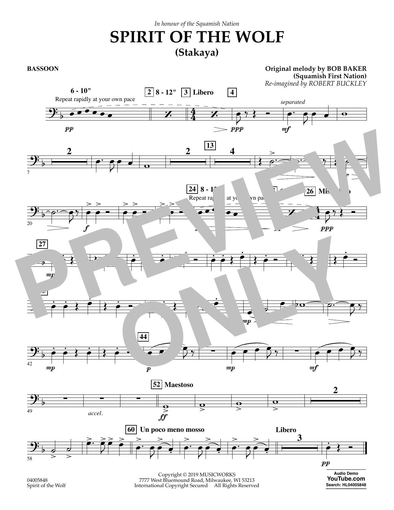 Download Robert Buckley Spirit of the Wolf (Stakaya) - Bassoon Sheet Music and learn how to play Concert Band PDF digital score in minutes