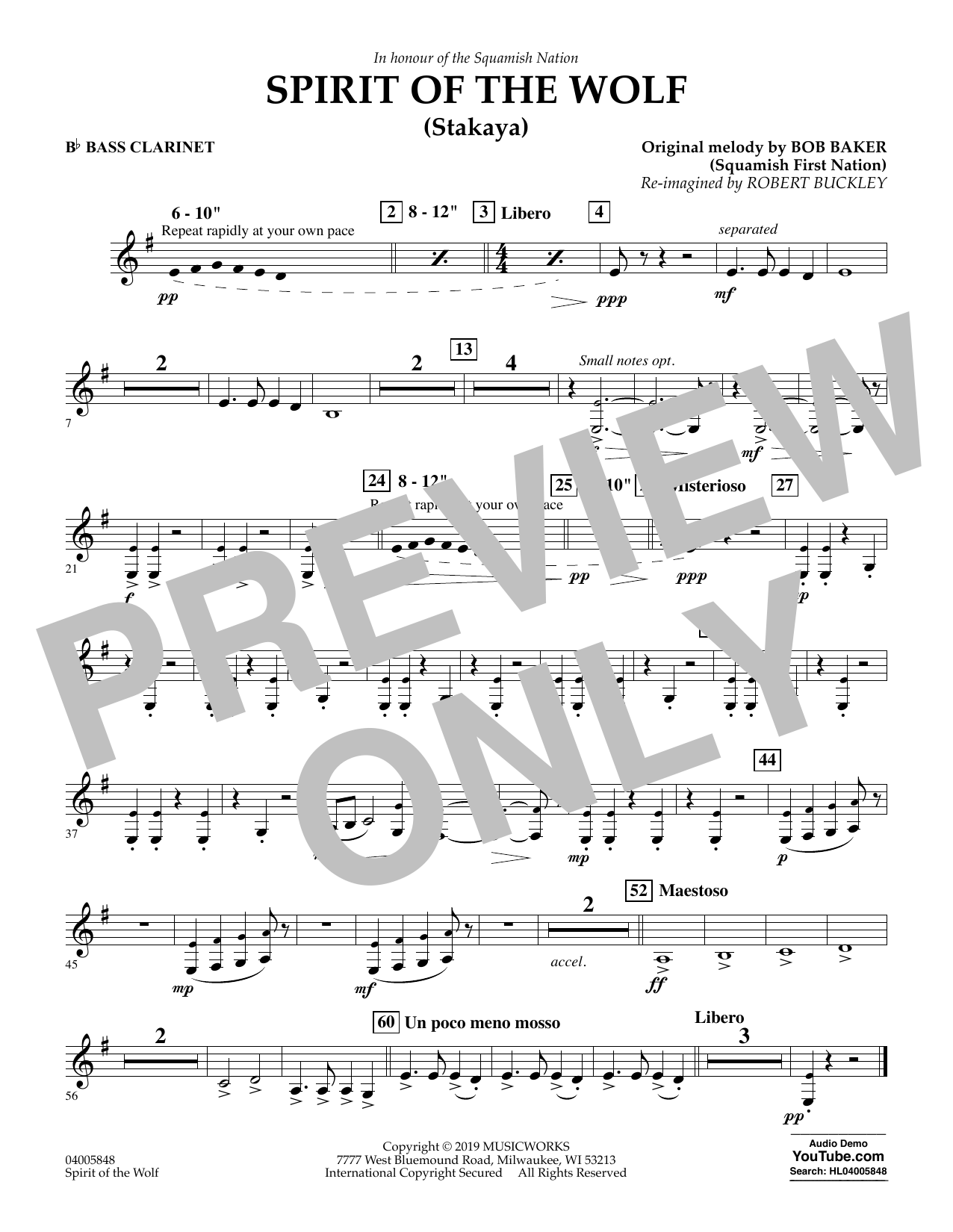 Download Robert Buckley Spirit of the Wolf (Stakaya) - Bb Bass Clarinet Sheet Music and learn how to play Concert Band PDF digital score in minutes