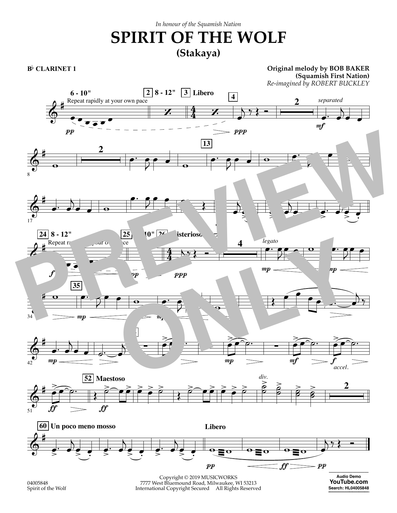 Download Robert Buckley Spirit of the Wolf (Stakaya) - Bb Clarinet 1 Sheet Music and learn how to play Concert Band PDF digital score in minutes