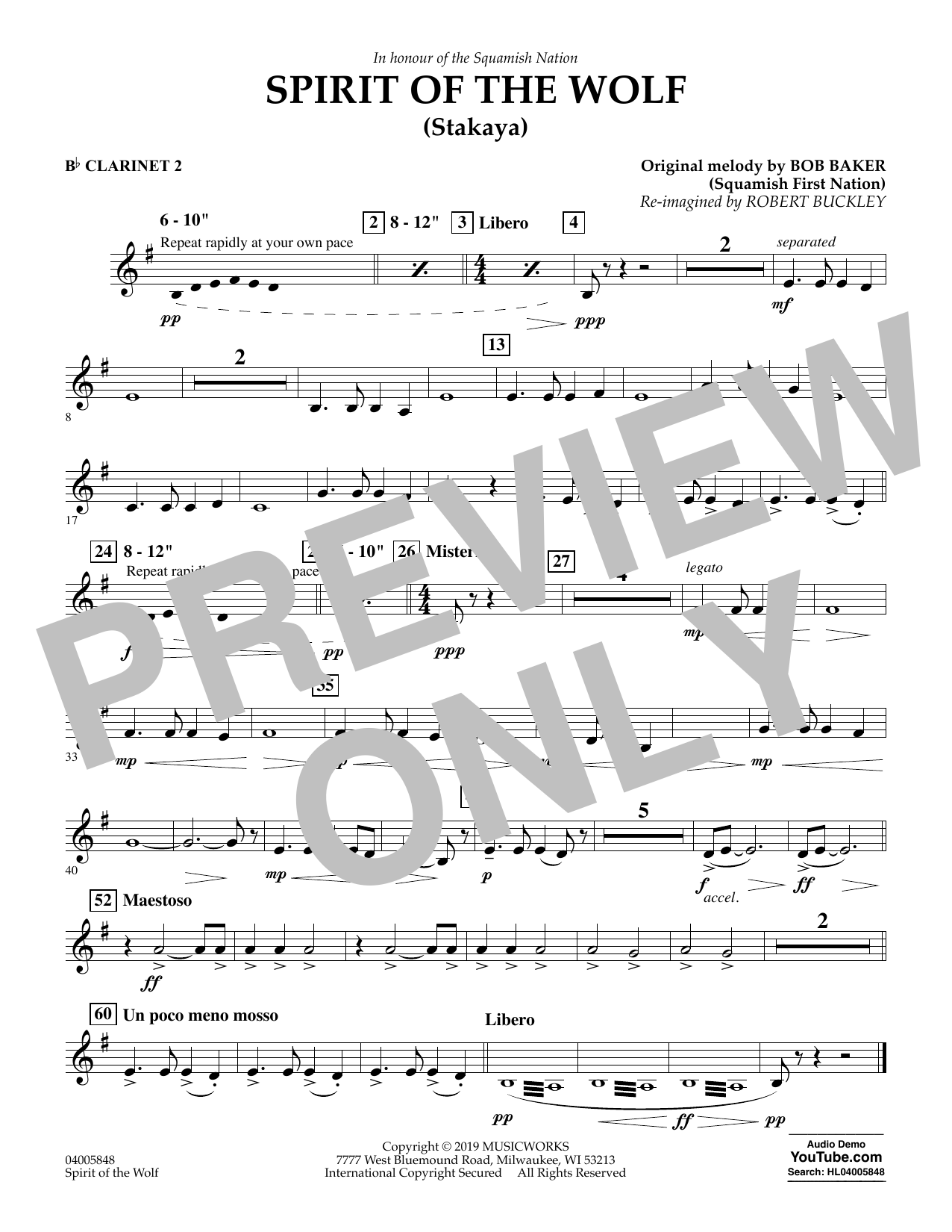 Download Robert Buckley Spirit of the Wolf (Stakaya) - Bb Clarinet 2 Sheet Music and learn how to play Concert Band PDF digital score in minutes