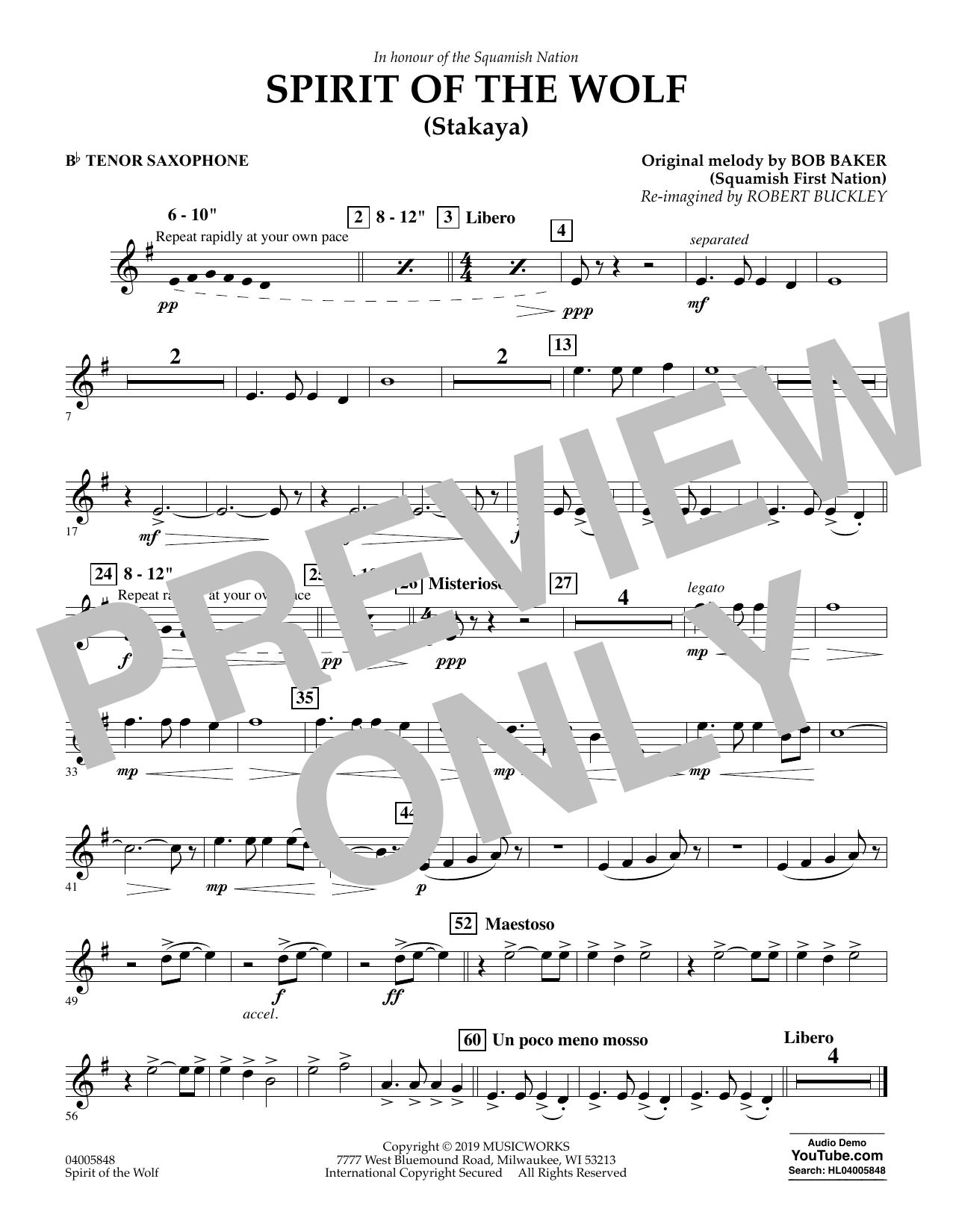 Download Robert Buckley Spirit of the Wolf (Stakaya) - Bb Tenor Saxophone Sheet Music and learn how to play Concert Band PDF digital score in minutes