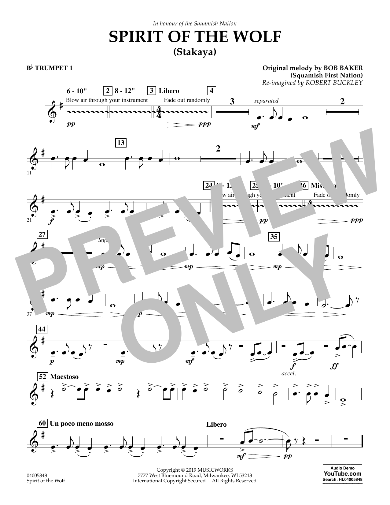 Download Robert Buckley Spirit of the Wolf (Stakaya) - Bb Trumpet 1 Sheet Music and learn how to play Concert Band PDF digital score in minutes