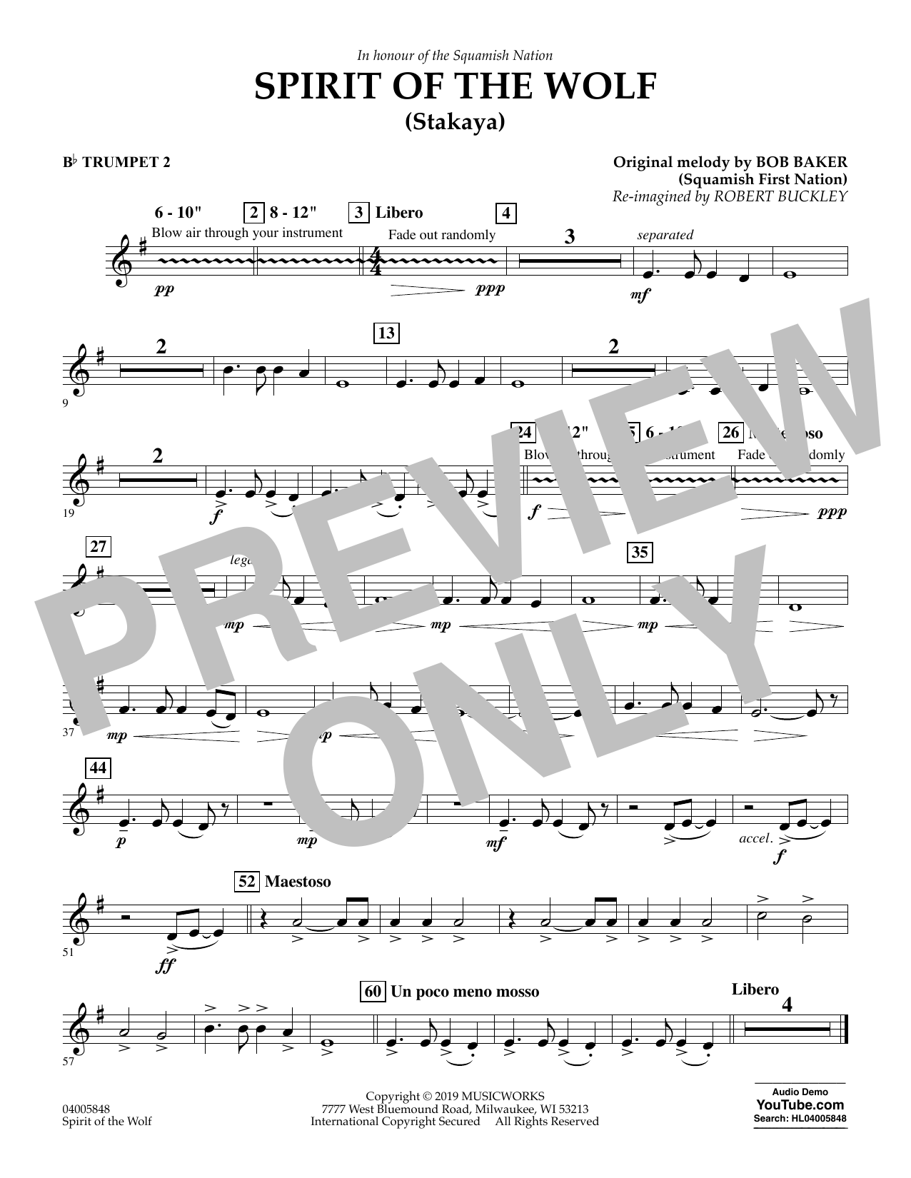 Download Robert Buckley Spirit of the Wolf (Stakaya) - Bb Trumpet 2 Sheet Music and learn how to play Concert Band PDF digital score in minutes