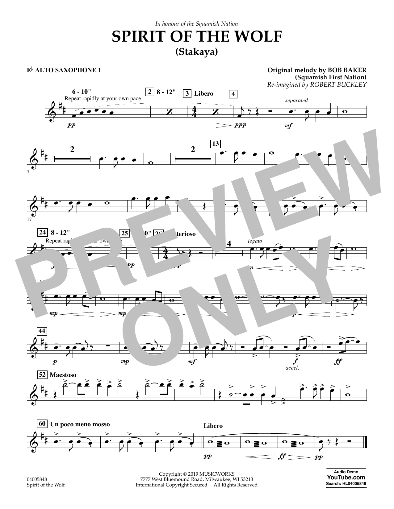 Download Robert Buckley Spirit of the Wolf (Stakaya) - Eb Alto Saxophone 1 Sheet Music and learn how to play Concert Band PDF digital score in minutes