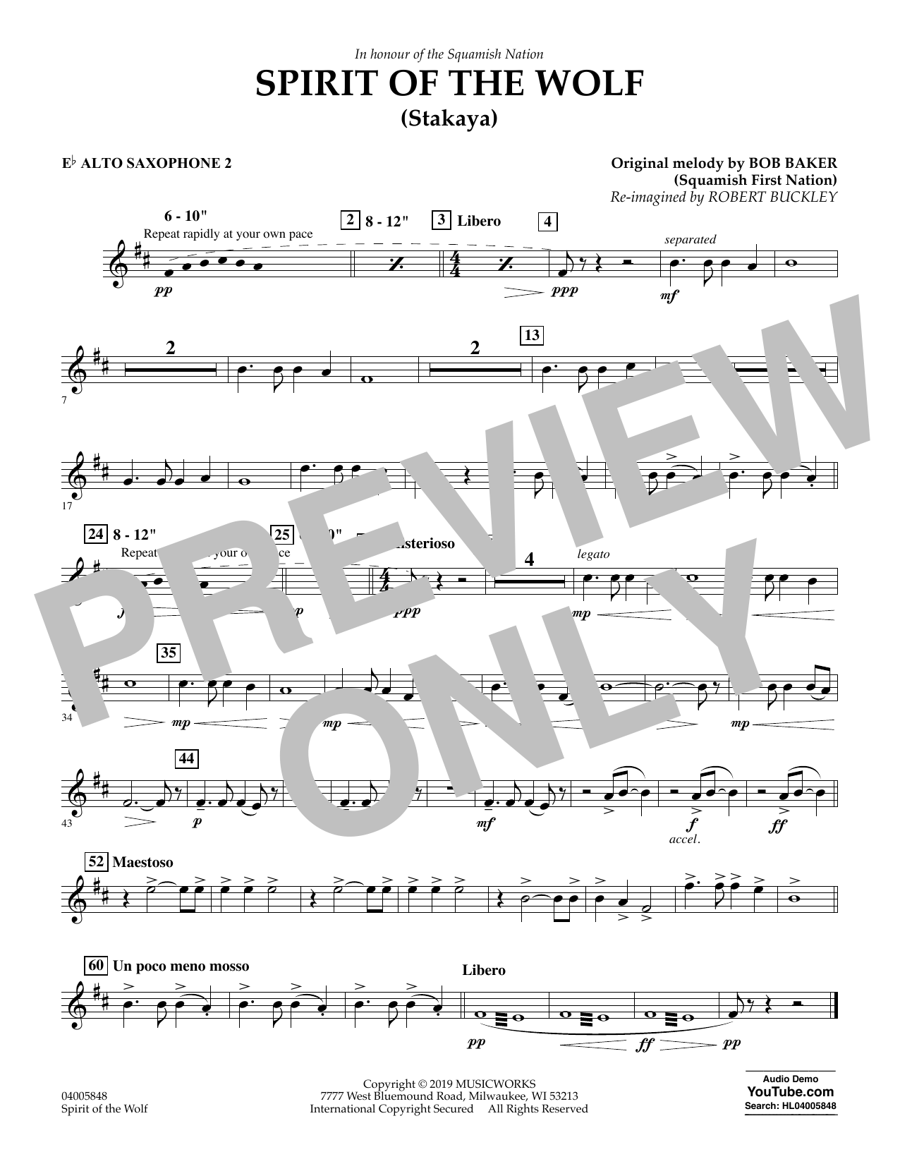 Download Robert Buckley Spirit of the Wolf (Stakaya) - Eb Alto Saxophone 2 Sheet Music and learn how to play Concert Band PDF digital score in minutes