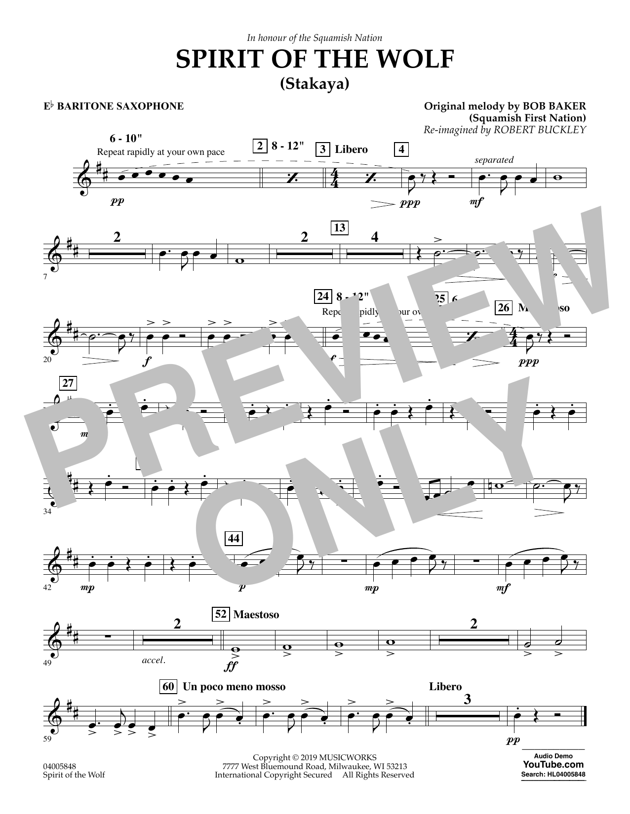 Download Robert Buckley Spirit of the Wolf (Stakaya) - Eb Baritone Saxophone Sheet Music and learn how to play Concert Band PDF digital score in minutes