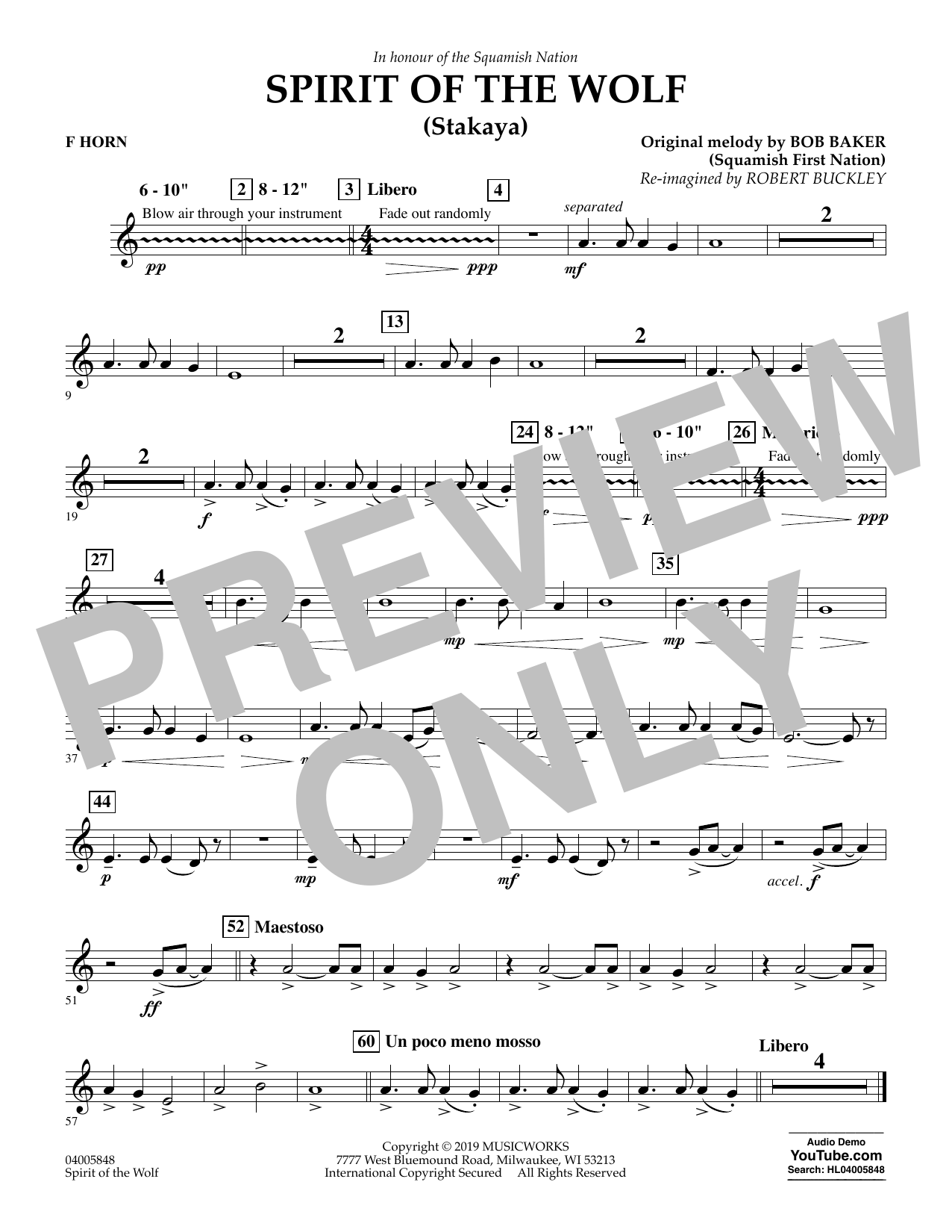 Download Robert Buckley Spirit of the Wolf (Stakaya) - F Horn Sheet Music and learn how to play Concert Band PDF digital score in minutes