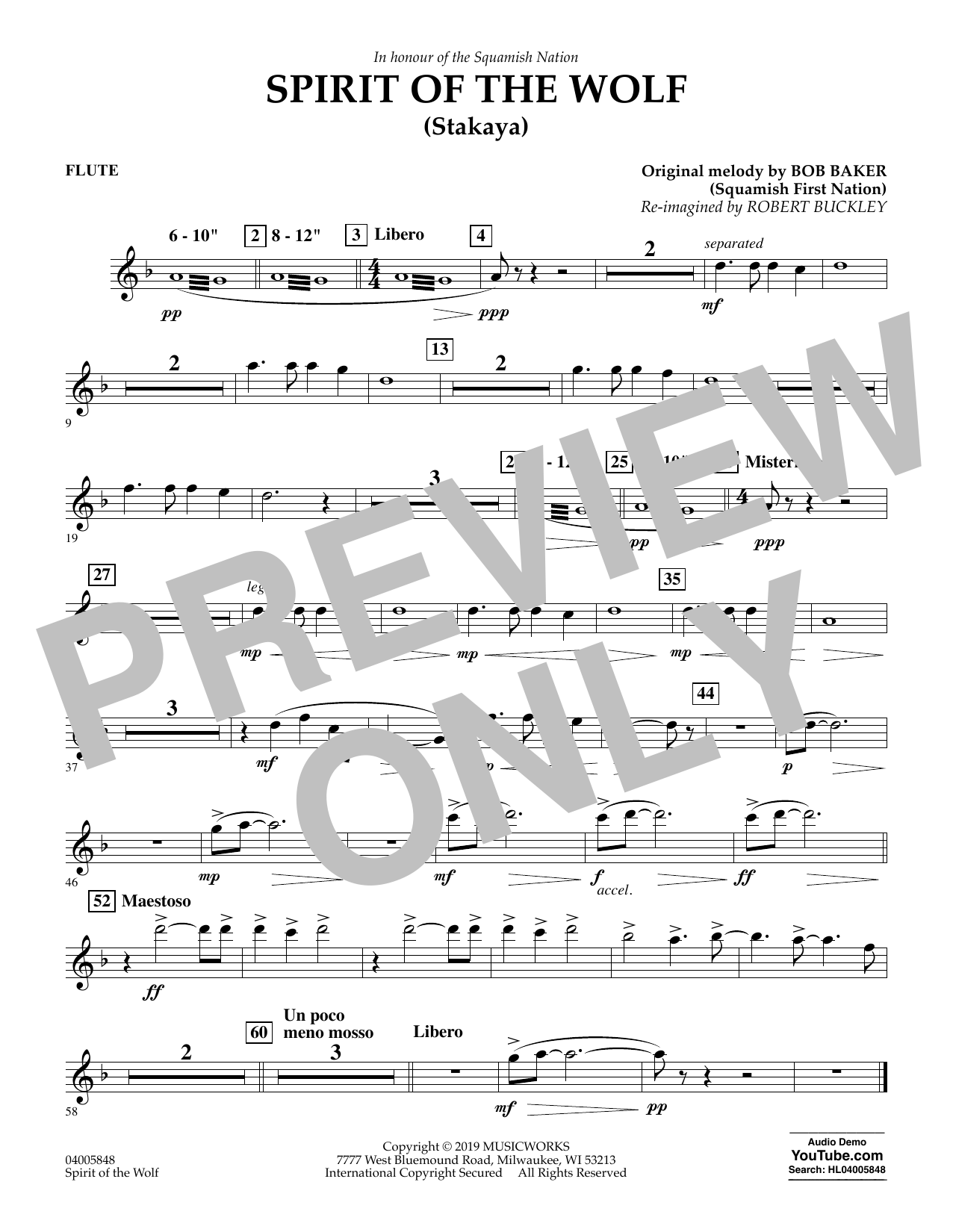 Download Robert Buckley Spirit of the Wolf (Stakaya) - Flute Sheet Music and learn how to play Concert Band PDF digital score in minutes