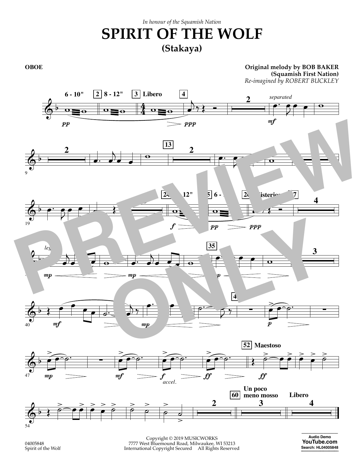 Download Robert Buckley Spirit of the Wolf (Stakaya) - Oboe Sheet Music and learn how to play Concert Band PDF digital score in minutes