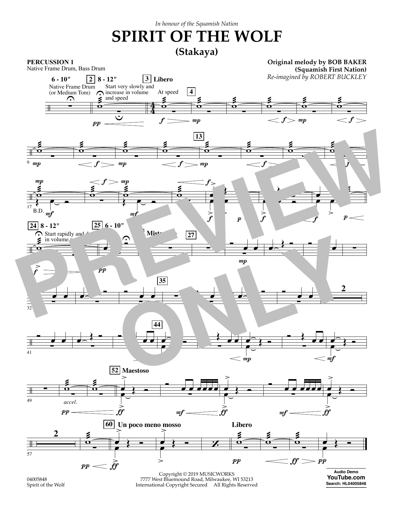 Download Robert Buckley Spirit of the Wolf (Stakaya) - Percussion 1 Sheet Music and learn how to play Concert Band PDF digital score in minutes