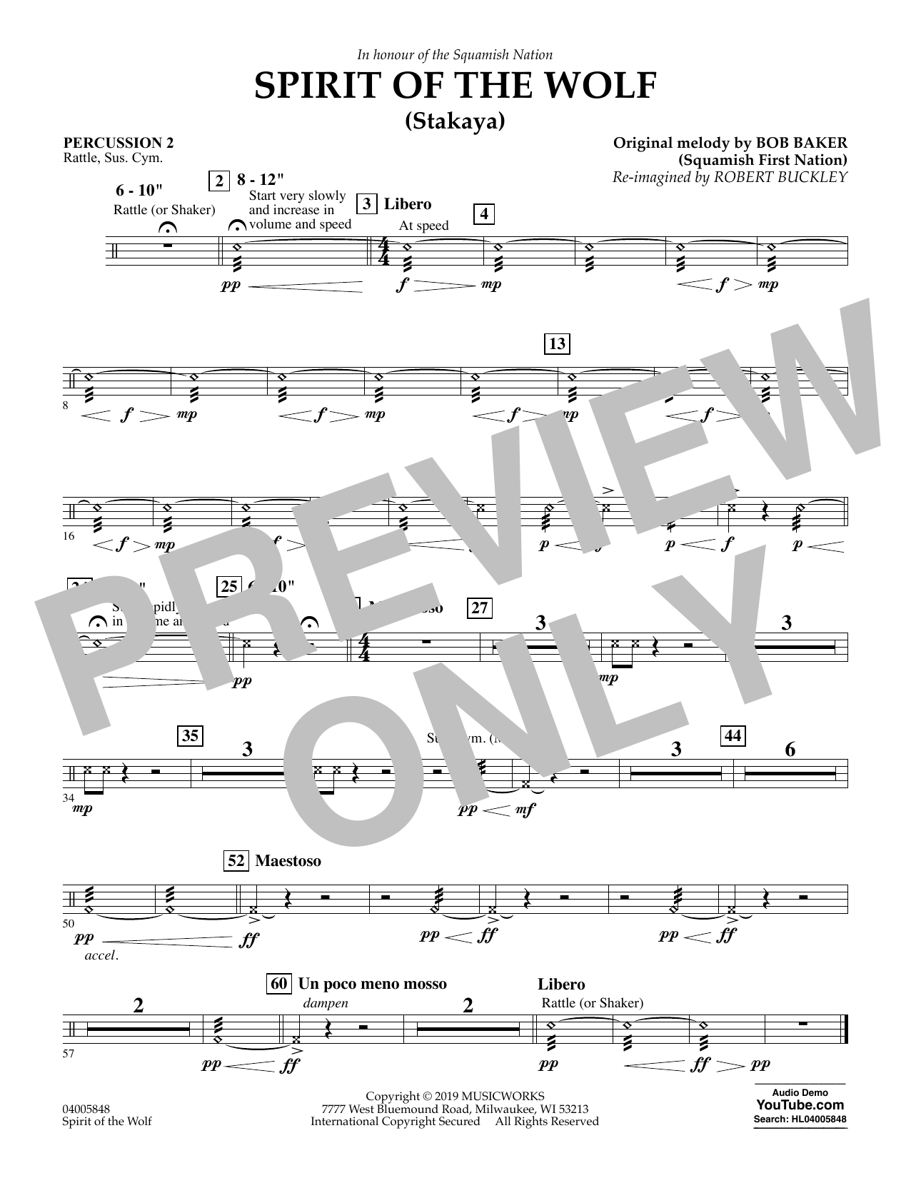 Download Robert Buckley Spirit of the Wolf (Stakaya) - Percussion 2 Sheet Music and learn how to play Concert Band PDF digital score in minutes