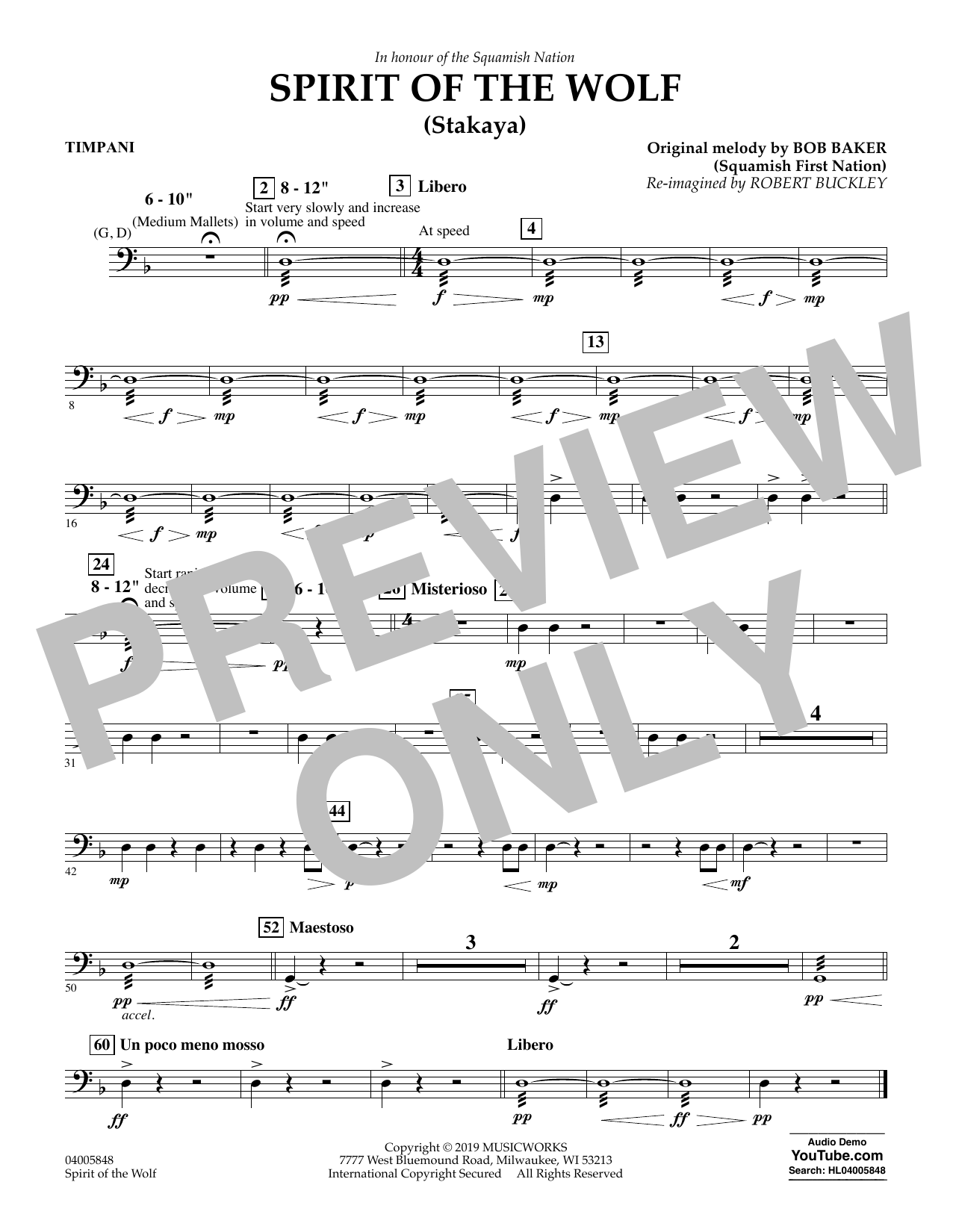 Download Robert Buckley Spirit of the Wolf (Stakaya) - Timpani Sheet Music and learn how to play Concert Band PDF digital score in minutes