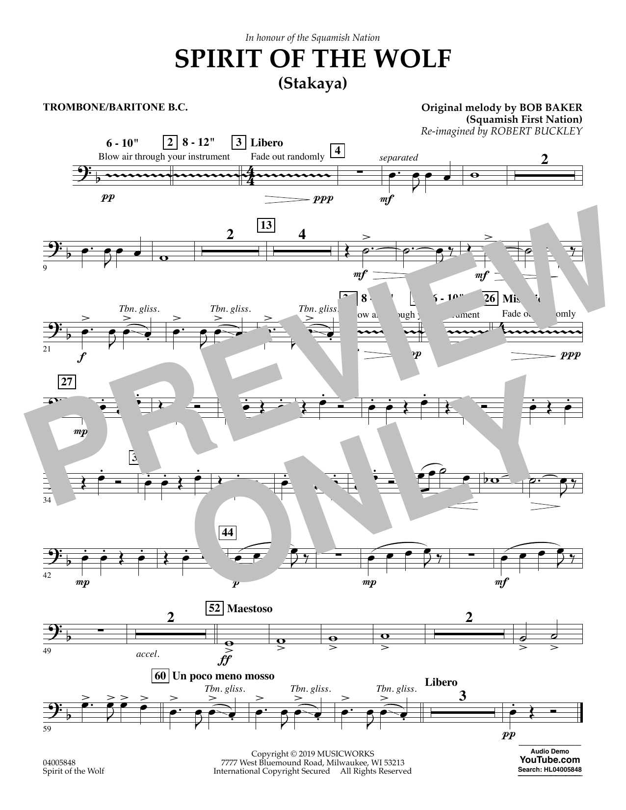 Download Robert Buckley Spirit of the Wolf (Stakaya) - Trombone/Baritone B.C. Sheet Music and learn how to play Concert Band PDF digital score in minutes