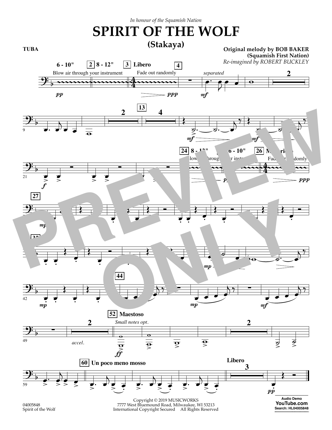 Download Robert Buckley Spirit of the Wolf (Stakaya) - Tuba Sheet Music and learn how to play Concert Band PDF digital score in minutes