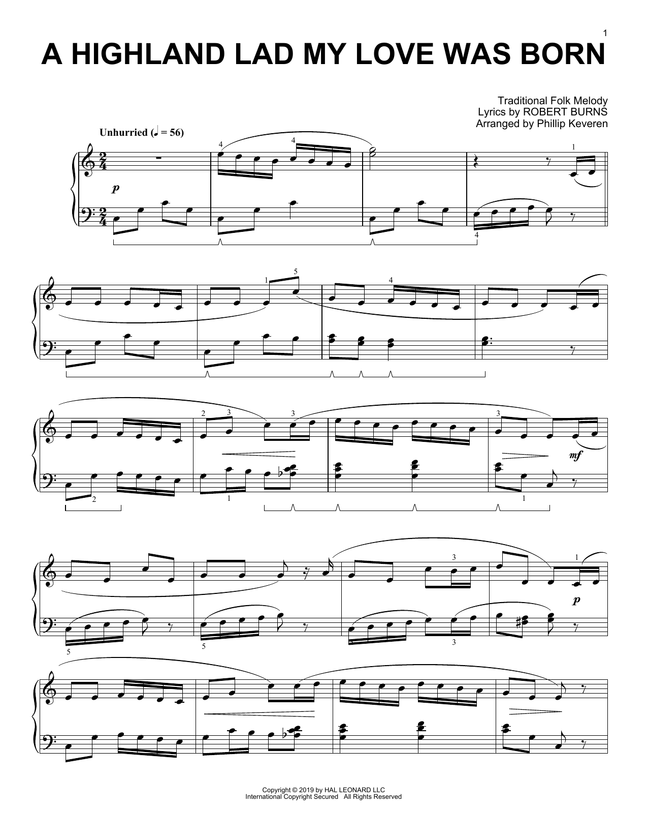 Download Robert Burns A Highland Lad My Love Was Born (arr. Phillip Keveren) Sheet Music and learn how to play Piano Solo PDF digital score in minutes